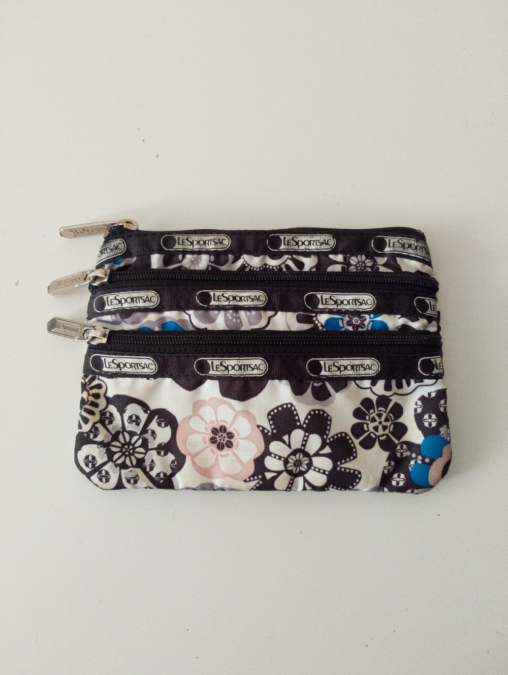 LeSportsac 3-Zip Cosmetic Pouch Floral Print Nylon Makeup Bag Clutch 7158